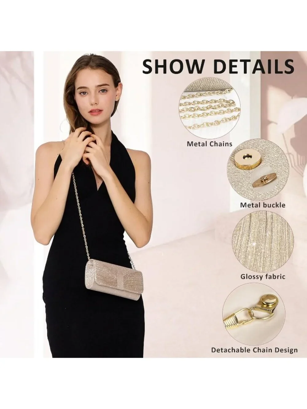 👜 Women's Gold Wedding Bag Sparkling Party Handbag with Detachable Chain Purses